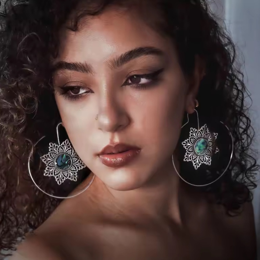 Intricate Silver and Green Floral Hoop Earrings